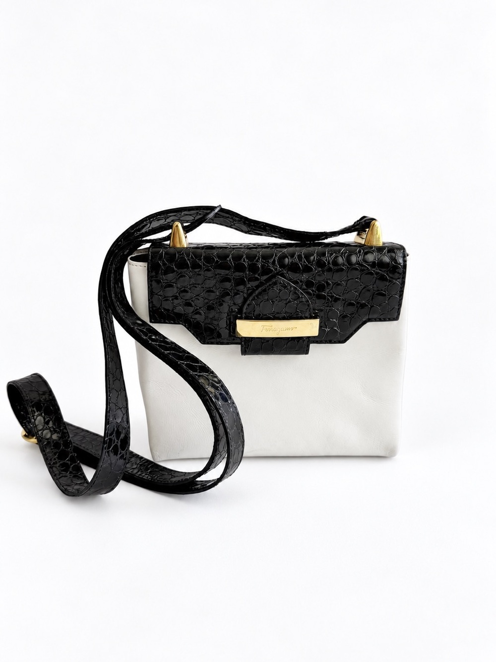 Vintage Salvatore Ferragamo Black & White Leather Crossbody Bag – Made in Italy